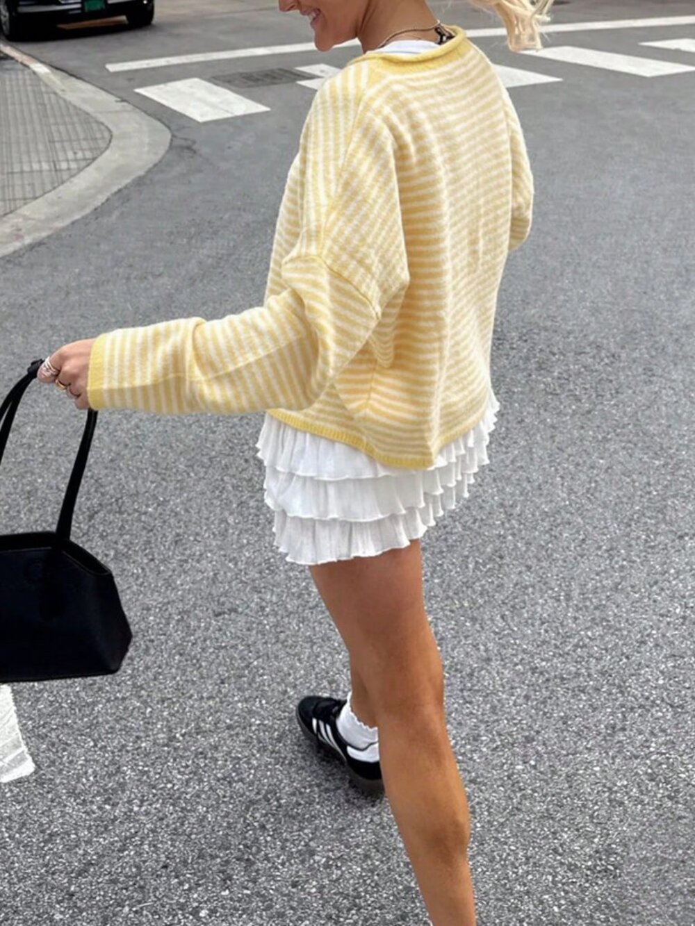 Yellow Streetwear Casual Loose Striped button down Knit Women's Cardigan - Picture 4 of 4